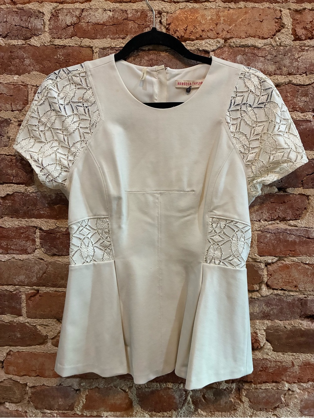 Rebecca Taylor Cream Lace-Sleeve Peplum Blouse